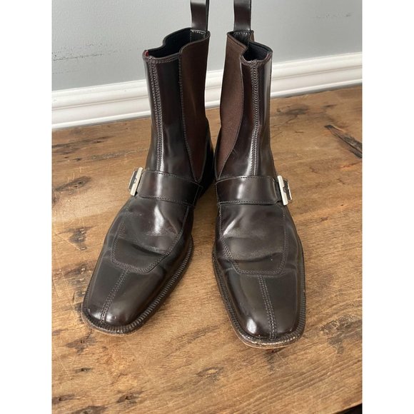 VERSACE Men's Brown Stretch Leather Buckle Boots - Picture 3 of 9